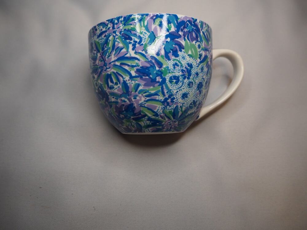 Lilly Pulitzer High Manetenance Mug 12oz Blue Floral Hidden Lion Gold Handle Cup